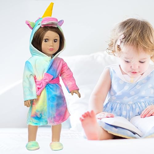 Miniatura 5 de Juego de ropa de muñeca americana de 18 pulgadas y saco de dormir, disfraz de unicornio arcoíris con saco de dormir estilo unicornio, almohada
