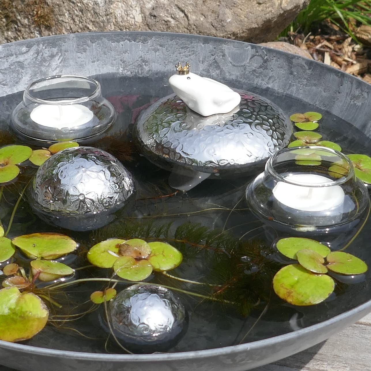 Storm's Gartenzaubereien Miniteich - Set completo con rana galleggiante in ceramica e ciotole per lumini