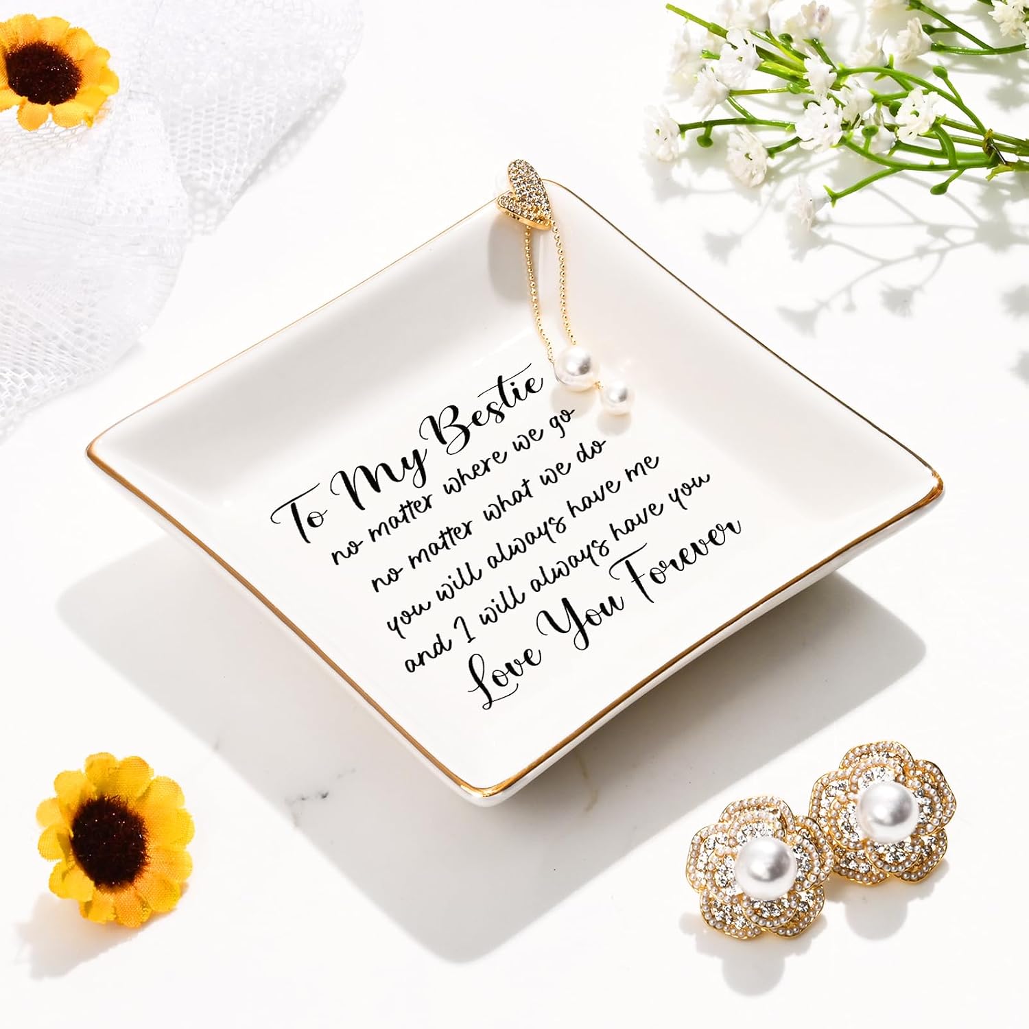Homlouue Best Friend Present for Women, To My Bestie Ring Dish, Friendship Going Away & Birthday Gifts for Women Bestie, Sister Gifts from Sister, Ceramic Ring Holder Jewelry Tray
