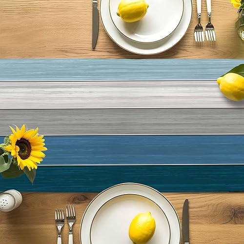 Miniatura 14 de Camino de mesa de algodón y lino estilo granja rústico retro, textura de madera de granero, color degradado marrón y gris, antideslizante,