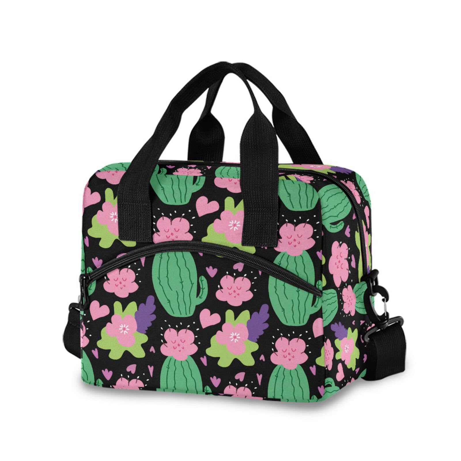 Insulated Lunch Bag Reusable Cooler Flower Heart Black Lunch Box Adjustable Shoulder Strap for Office Picnic School