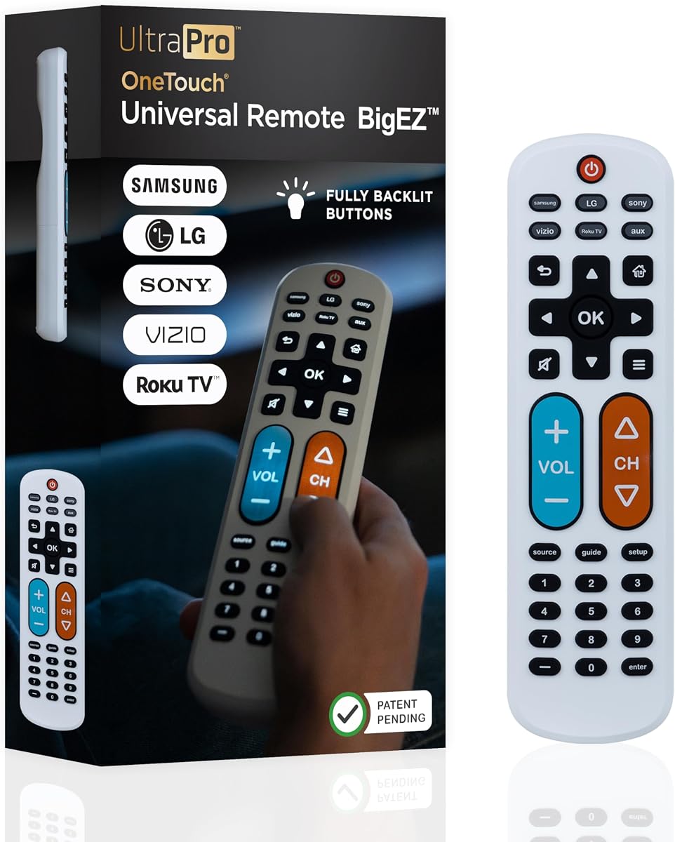 UltraPro BigEZ OneTouch Control remoto universal para TV con botón grande, fácil de usar | Control remoto de TV para personas mayores, control remoto de repuesto para Samsung, LG, Sony, Vizio, Roku TV, reproductores de streaming, botones retroiluminados, 2 dispositivos