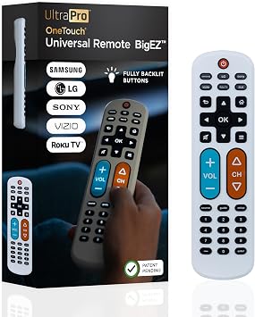 UltraPro BigEZ OneTouch Big Button Universal TV Remote for Seniors, Easy to Use, Replacement Remote for Samsung, LG, Sony, Vizio, Roku TV, Streaming Players, Backlit Buttons, 2 Device, White, 85053