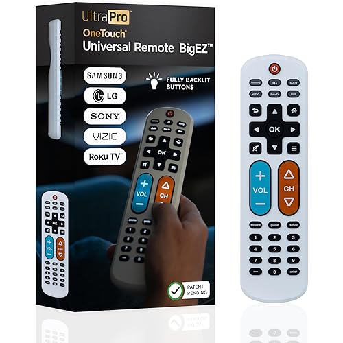 UltraPro BigEZ OneTouch Big Button Universal TV Remote for Seniors, Easy to Use, Replacement Remote for Samsung, LG, Sony, Vizio, Roku TV, Streaming Players, Backlit Buttons, 2 Device, White, 85053