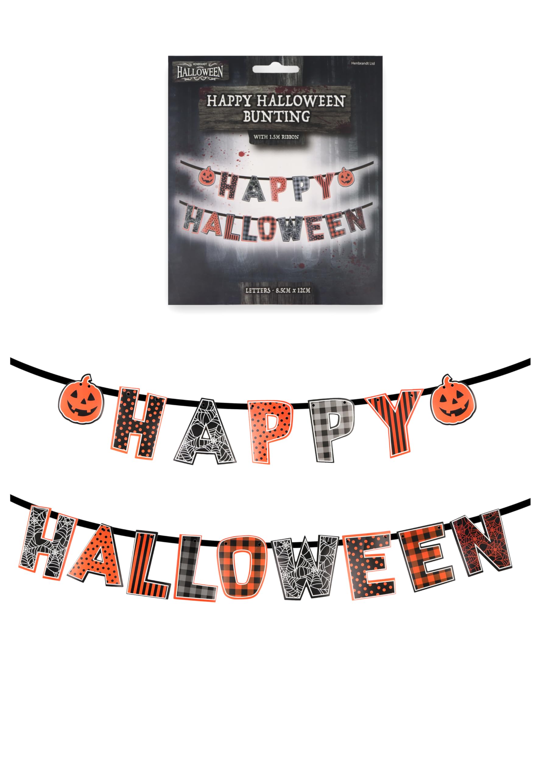 Henbrandt Happy Halloween Bunting Set (Pack of 3) - Spooky Party Banner Decorations - Indoor & Outdoor Decor for Kids, Adults, Home & Events - 2x 1.5M - Orange Black Patterns