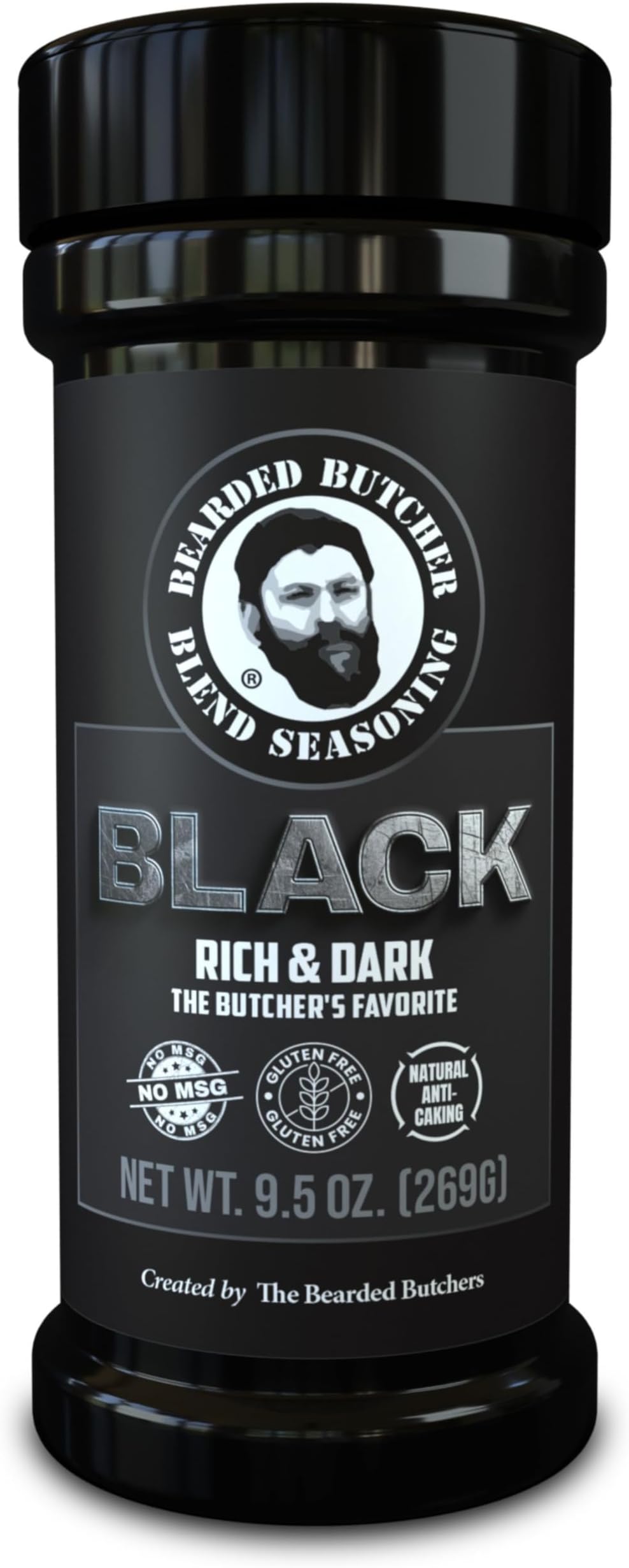 Bearded Butchers Black Blend Seasoning, 9.5 oz Large Shaker โ Coffee & Molasses Flavor for Steaks, Brisket, Burgers, Roasts, Game Meats โ Gluten-Free, No MSG, Low Calorie, Rich, Versatile Seasoning