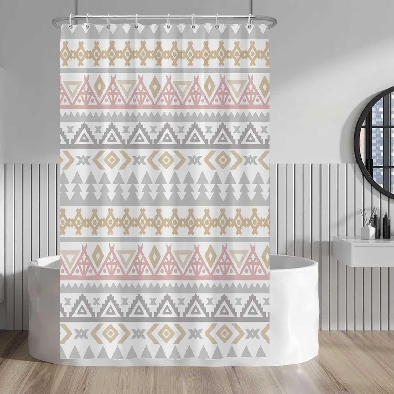 KELAIMI Neutral Bohemian Shower Curtain,Geometric Ethnic Aesthetic Bathroom Curtains with Hooks,Waterproof Quick-Dry Bathtub Curtains White 90X180Cm