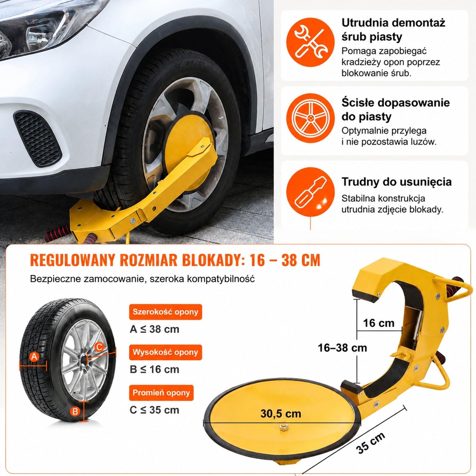 Blokada kola 1 sztuka zolta do samochodu ciezarowki SUV kampera przyczepy lodzi z przyssawka i kluczami