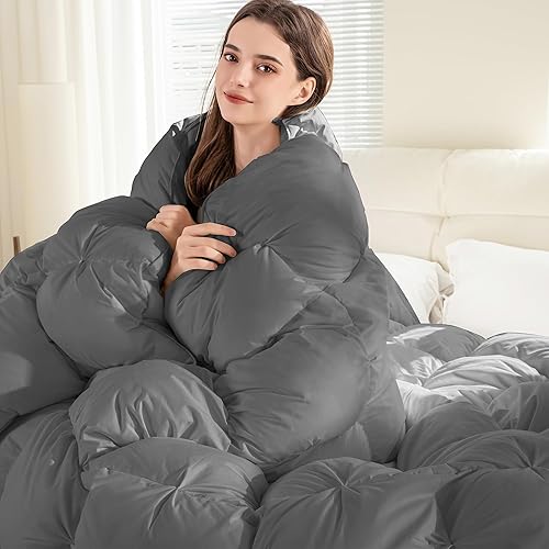 Miniatura 3 de ELNIDO QUEEN Edredón de plumas tamaño Queen, lujoso edredón de cama plisado gris de hotel, ultra suave para todas las estaciones, funda 100%