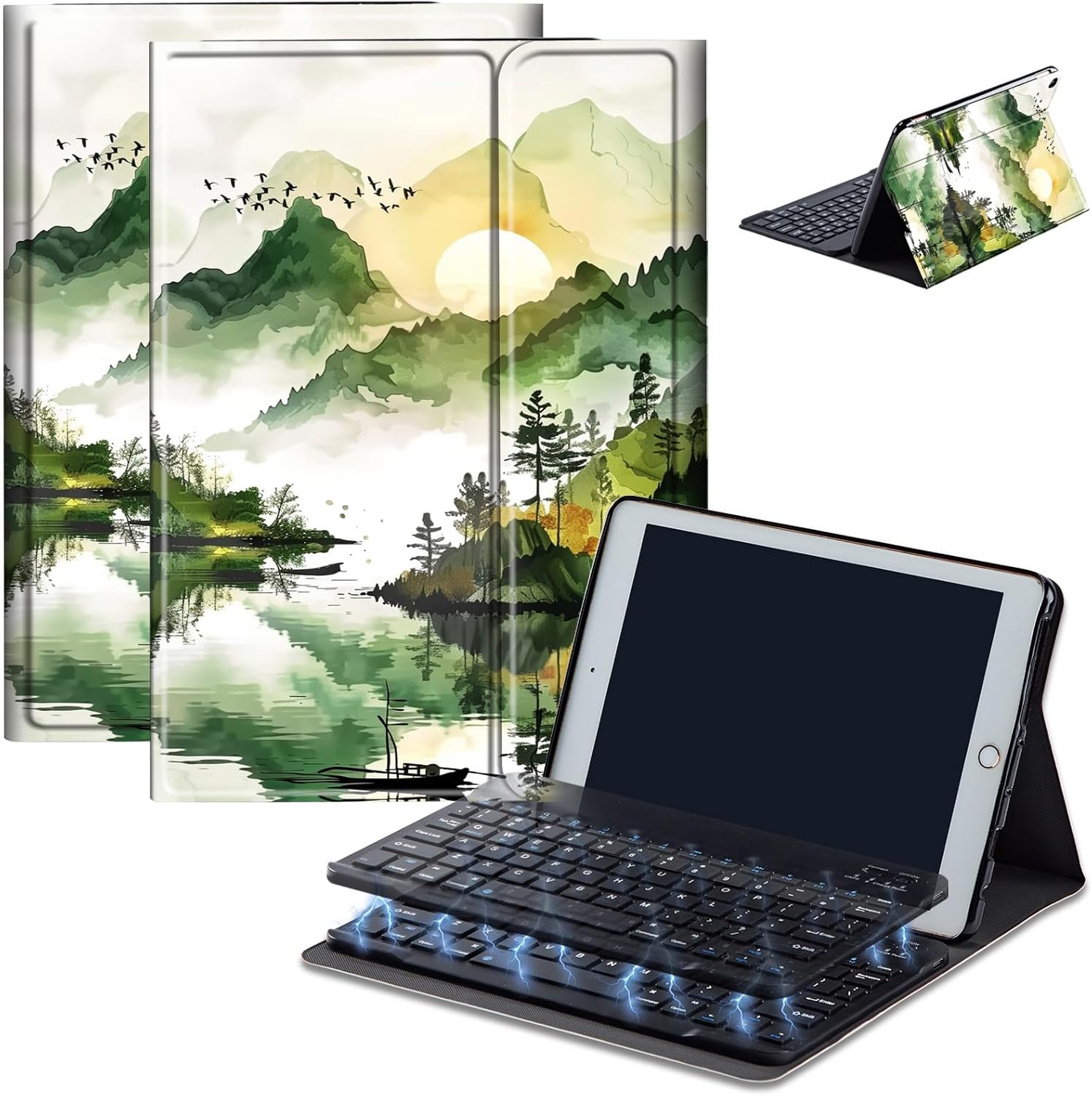 Keyboard Case for Amazon Fire Max 11 (13th Generation, 2023 Release), Detachable Wireless Bluetooth Keyboard and Auto Sleep/Wake Fire Max 11 Tablet Case with Keyboard, Chinese Landscape