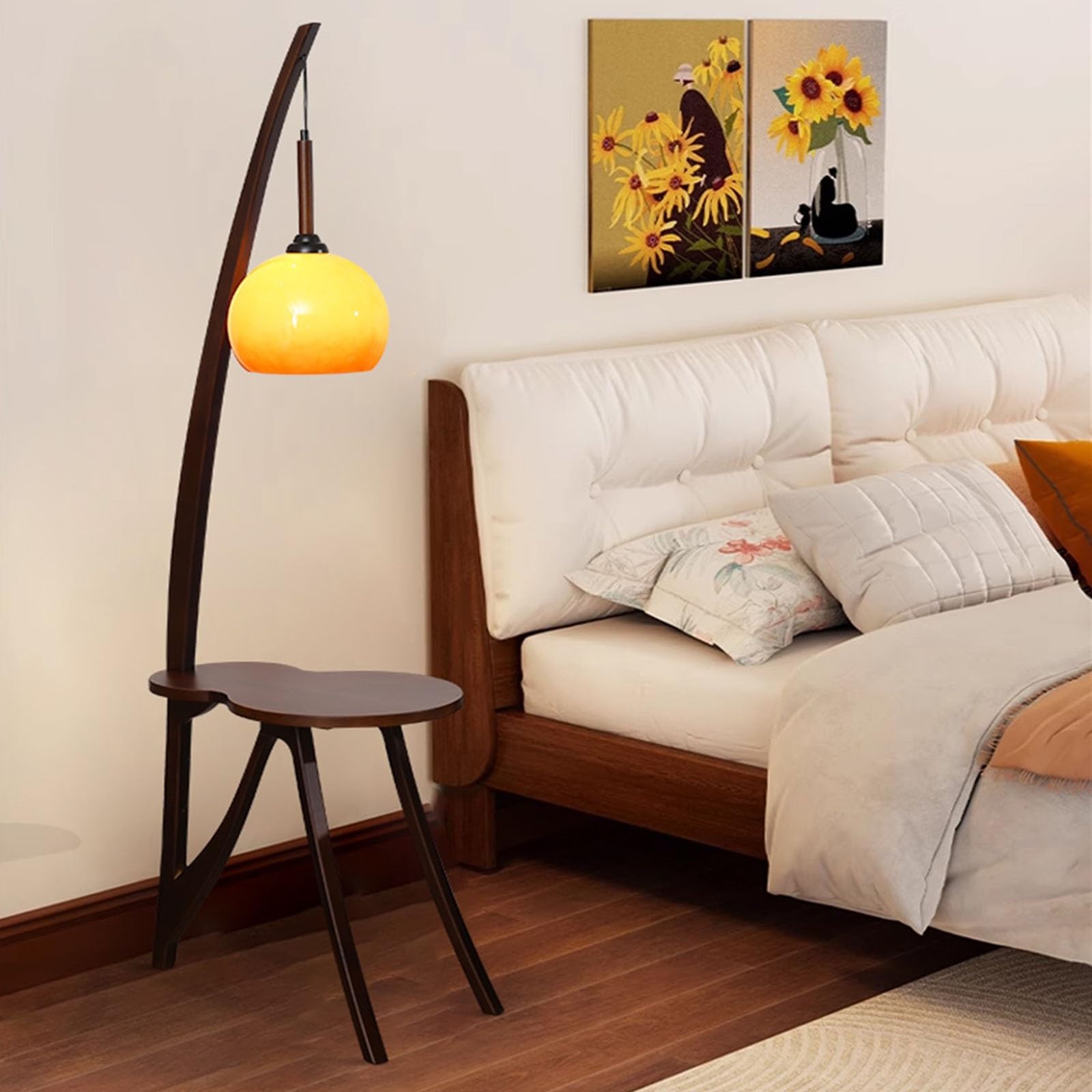 Moderna Lampada da terra moderna con tavolino, lampada da tavolino in legno massello, lampada da lettura su scaffale alto rustico for camera da letto, soggiorno, ufficio Lampada alta