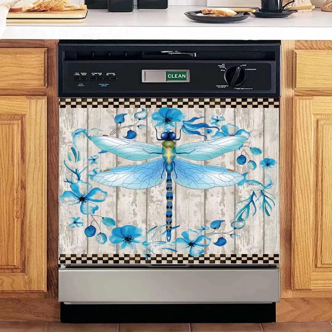 Dishwasher Magnets Decorative Cover, Farm Animal Insect Magnetic Refrigerator Cover Panel Decal Sticker, (Blue Dragonfly with Flower Wreath, 23" W x 17" H Magnetic)