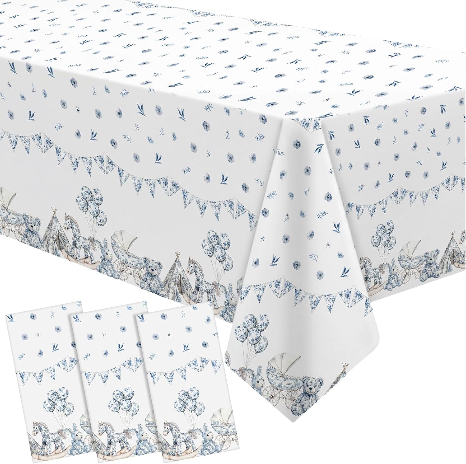 Batiyeer 3 Pcs Blue Toile De Jouy Baby Shower Decorations Chinoiserie Porcelain Plastic Tablecloth Blue White Vintage Floral French Rectangle Table Cover for Nursery Birthday Party Supplies, 54x108''