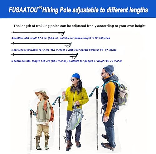 Miniatura 6 de Bastón de senderismo de montaña, palo de senderismo de aleación de aluminio de 49.6 pulgadas, mango de espuma EVA, plegable con punta de acero de