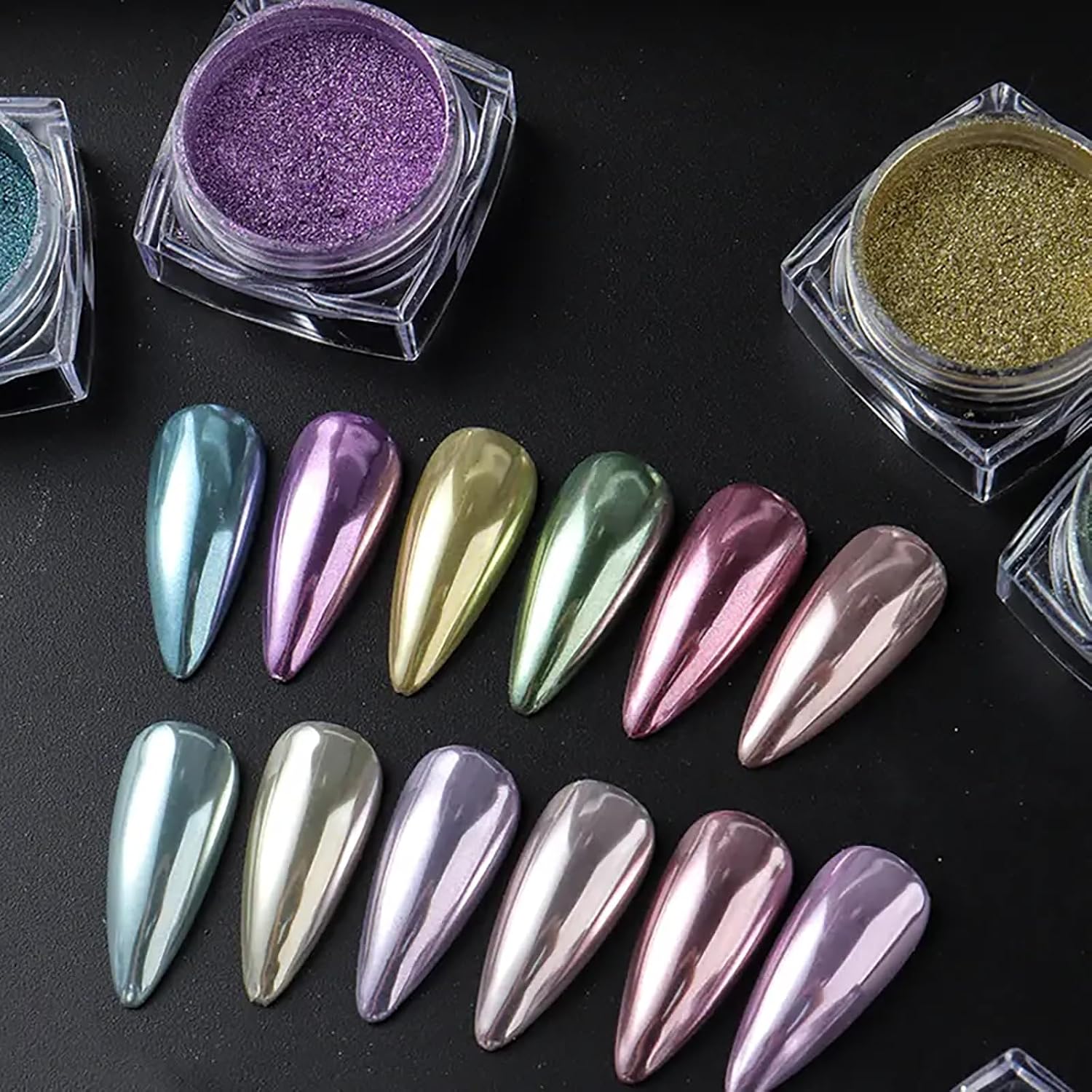 WOKOTO 12Jars Chrome Nail Powder For Nails, Colorful Magic Pearl Powder Kit Mirror Effect Metallic Holographic Dip Nail Powder For Resin Craft & Nail Art Fimo, Decoration Iridescent Aurora Pigment