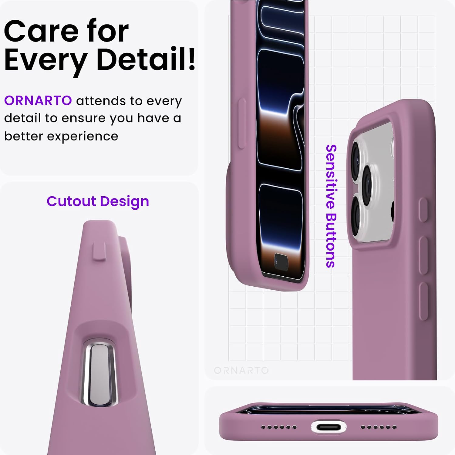 ORNARTO Compatible with iPhone 17 Pro Max Case 6.9", Slim Liquid Silicone 3 Layers Soft Gel Rubber Shockproof Protective Cover with Anti-Scratch Microfiber Lining-Lilac Purple thumbnail