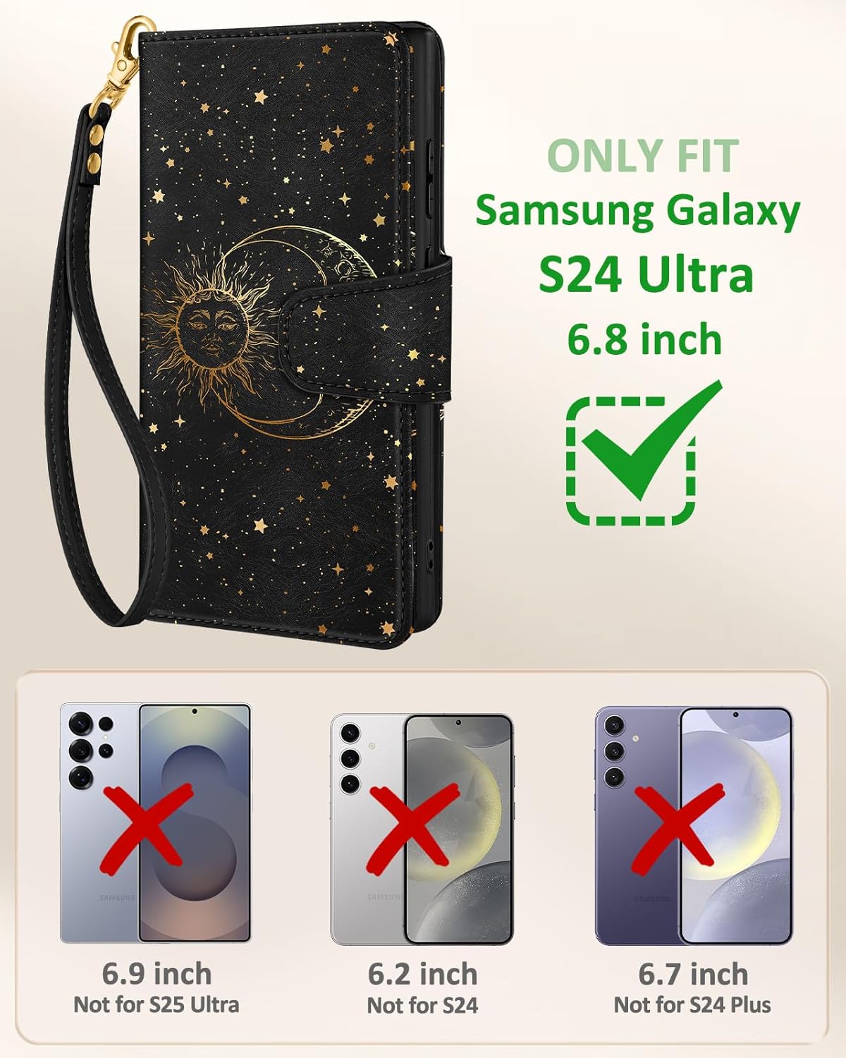 Toycamp for Samsung Galaxy S24 Ultra Wallet Case with Wrist Strap - Leather Flip Folio Phone Case with RFID Blocking 4 Card Slots Galaxy S24 Ultra Funda Cute Aesthetic for Women Lady, Black Sun Moon - Image 2