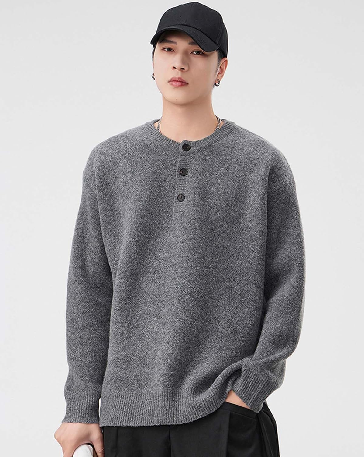 トレーナー メンズ プルオーバー ニット ヘンリーネック スウェット ボタン付き 厚手 秋冬服 長袖 大きいサイズ イ 【エレクトリアン】
