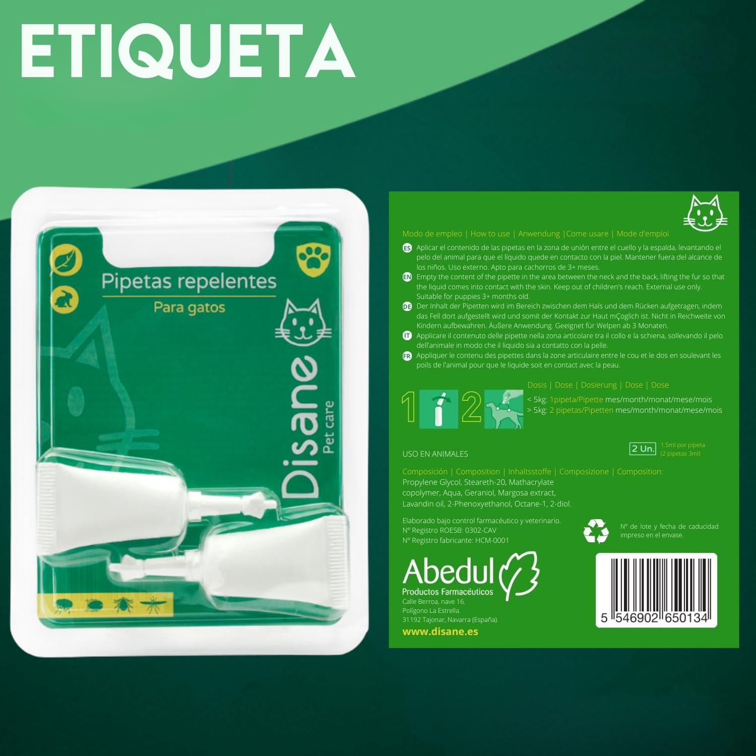 DISANE Pipetas Antiparasitarias para Gatos 100% Naturales | 2 Uds | 2 Meses de Protección contra Insectos y Parásitos: Pulgas, Garrapatas y Mosquitos | Antipulgas Sin Toxicidad para el Gato