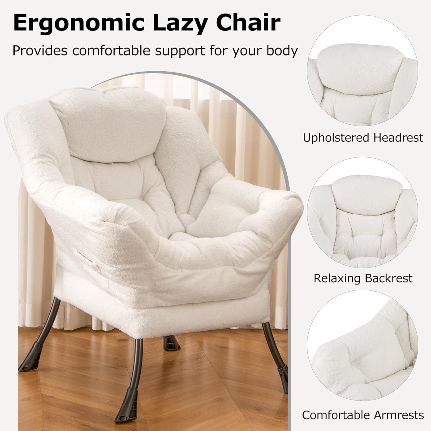 Giantex Lazy Chair, Modern Sherpa Accent Chair w/Steel Frame, Upholstered Single Sofa Chair w/Armrests & Side Pocket, Leisure Reading Lounge Chair for Living Room, Bedroom, Office, Dorm (White)
