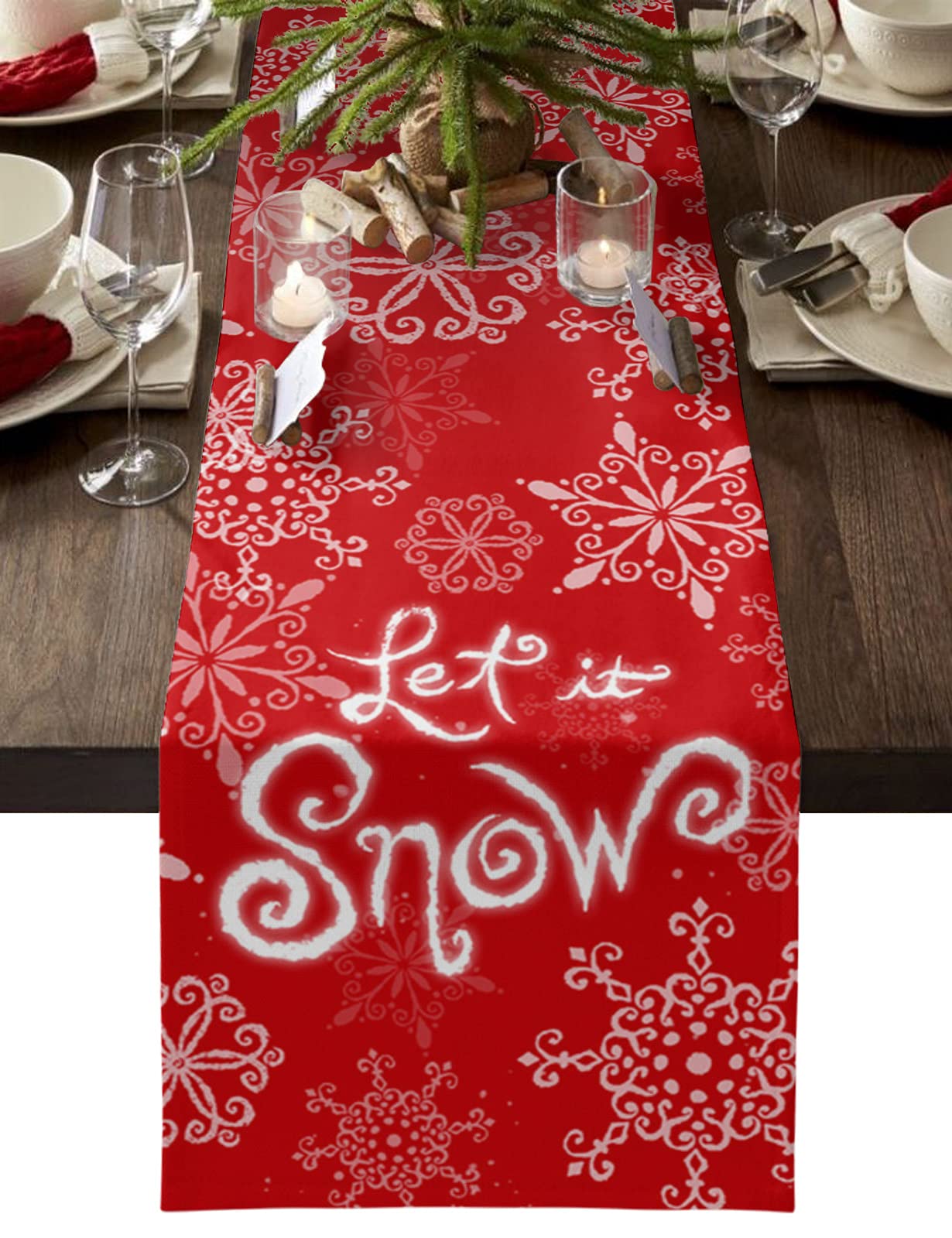 Christmas Table Runner 13x90 Inch Holiday Table Runners for Dinner Parties & Events, Snowflake Texture with Words Table Runner for Christmas Table Home Decorations