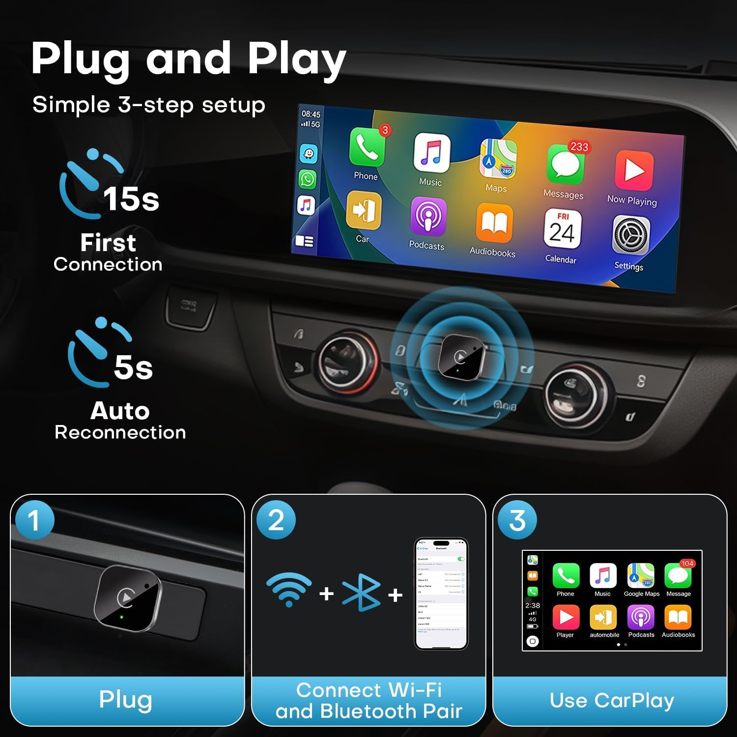 2026-Upgrade-Version: Kabelloses CarPlay mit Mini-USB-Design, geeignet für Fahrzeuge mit integriertem kabelgebundenem Apple CarPlay, ermöglicht Nahtlose Nutzung, schnelle und stabile Verbindung.