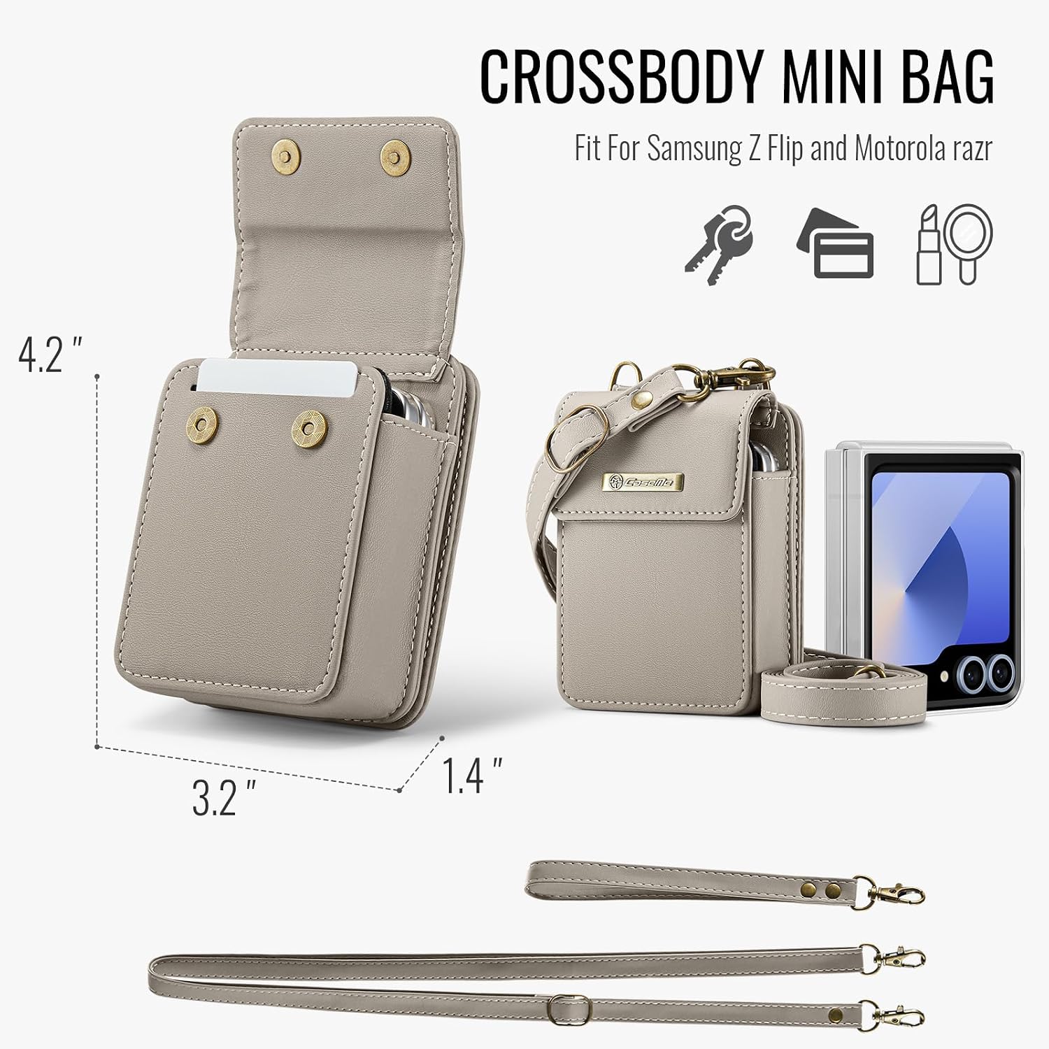 for Galaxy Z Flip 7 7 FE 6 5 4 3 Phone Case Wallet Crossbody, RFID Blocking Card Holder Magnetic Snap PU Leather Mini Bag Wallet Phone Case for Motorola Razr 2023/razr+/razr 2024/Razr Plus 2024 Gray