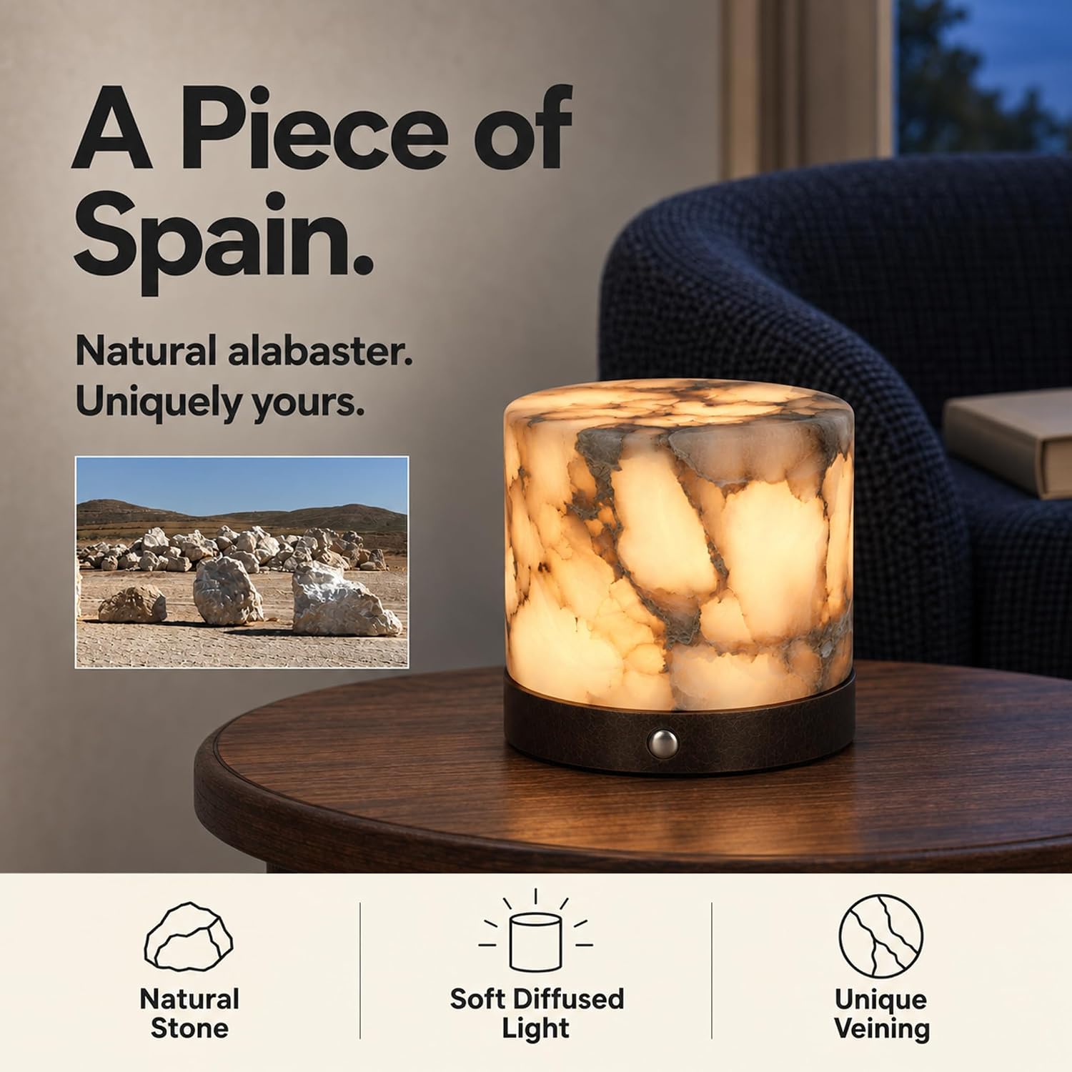 Vikua Spanish Alabaster Table Lamp, Cordless Rechargeable, Dimmable