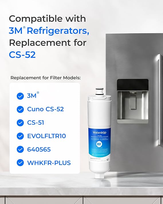 Waterdrop CS-52 Refrigerator Water Filter, Replacement for Bosch 640565, Whirlpool WHKF-R-PLUS, EVOLFLTR10, 3M Cuno CS-52, CS-51, W1085590, 51000, WD-F26B, 3 Filters