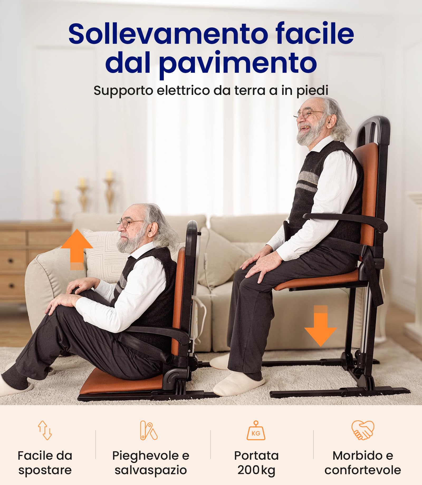 VOCIC Sollevamento per anziani, sedia elettrica rialzata, robusto telaio in acciaio, pieghevole e mobile, portata fino a 200 kg, colore: arancione