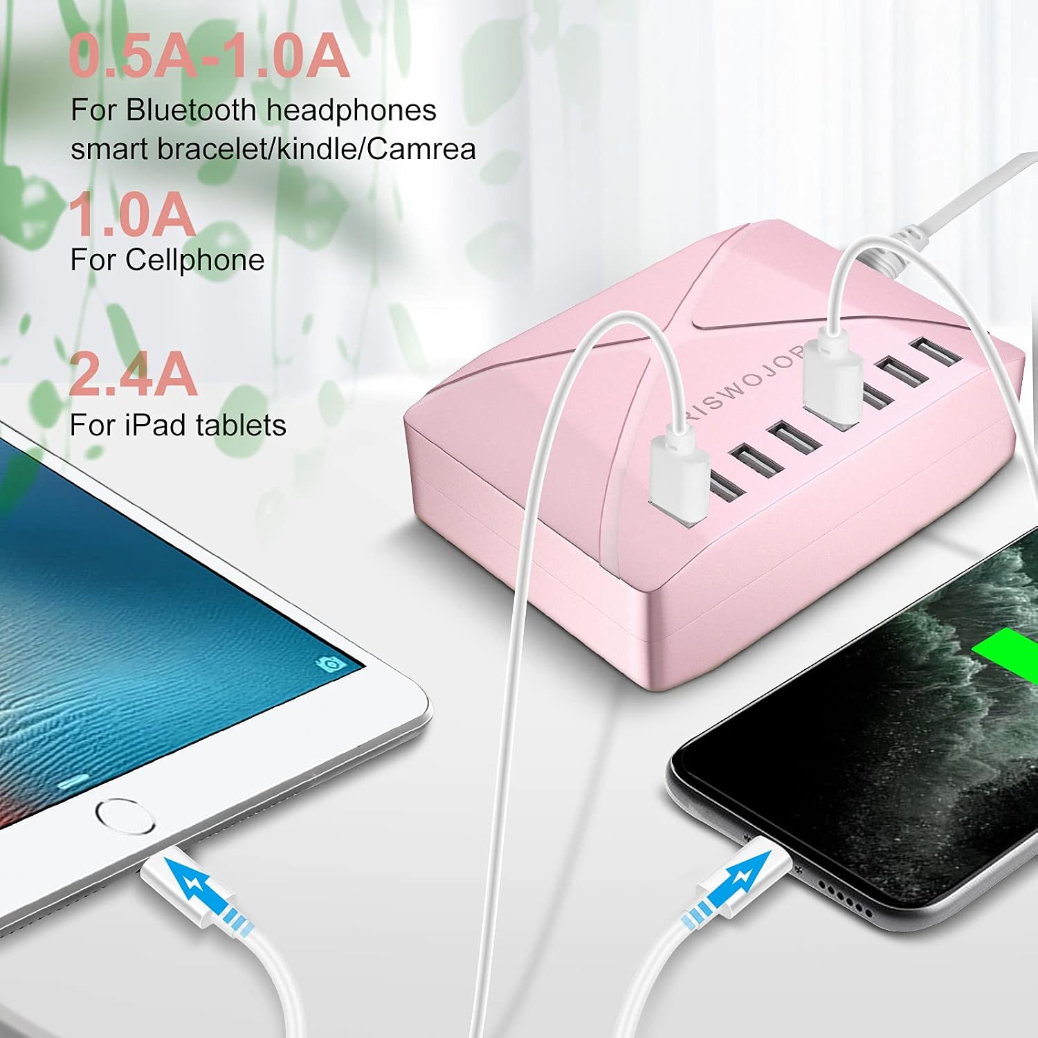 Multiple USB Charger Station, RISWOJOR 40W 8-Port Multiport USB Charging Station for Multiple Devices, Multi Port USB Charger with Intelligent Detect for Smartphones Tablets and More（Rose Gold）