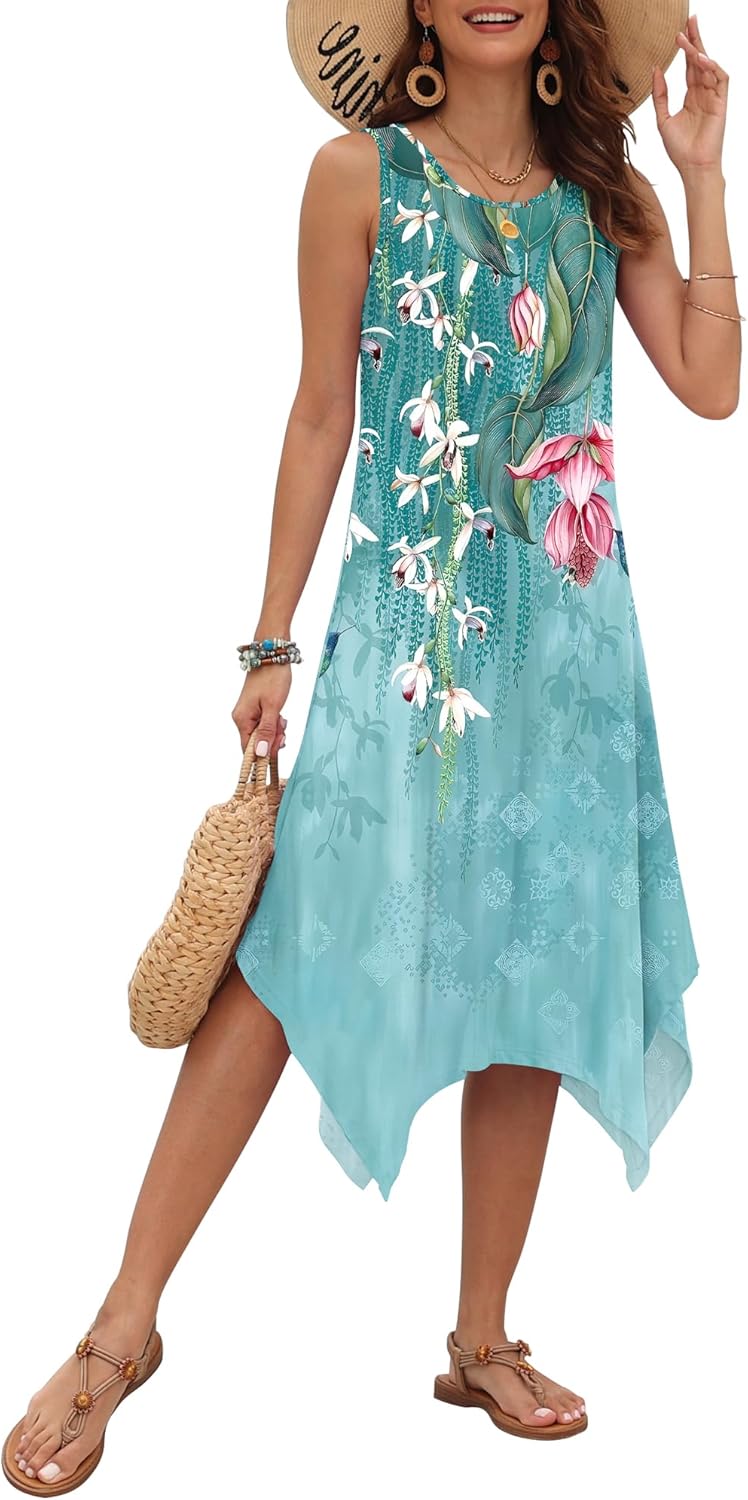 AUSELILY Women's Summer Dresses 2026 Casual Sleeveless Sundress Asymmetrical Hem Midi Tank Beach Dress with Pockets