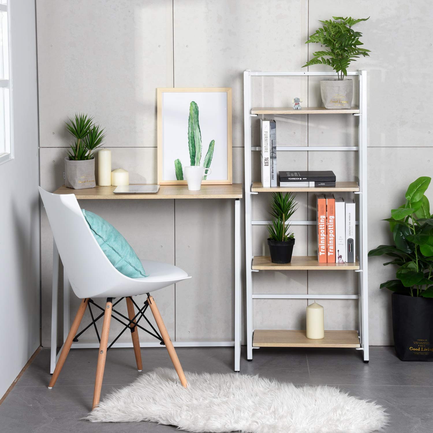 MEUBLE COSY Tavolo Pieghevole Scrivania Portatile Postazione di Lavoro per Computer Soggiorno Ufficio Piccoli Spazi, Facile da Montare, Struttura in Metallo, Rovere e Bianco