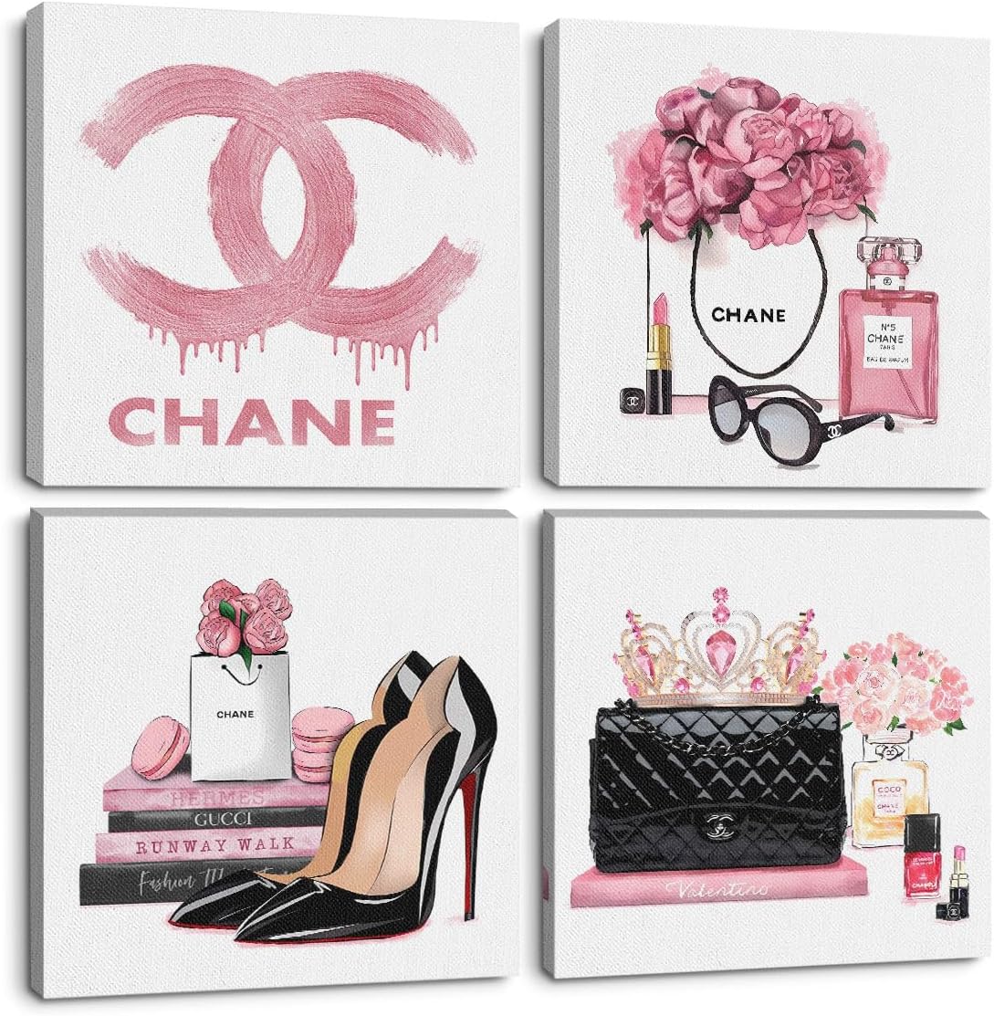 4 Pcs Fashion Canvas Wall Art Pink Room Decor Aesthetic Framed Posters Art Prints Artwork Pink Pictures for Women Teen Girls Room Bedroom Living Room Apartment Vogue Living Room Decor 8x8 Inch