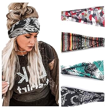 Catery Boho Headbands Floal Style Headband Headpiece Bohemia Wide Knot Twisted Head Wrap Hair Band Vintage Stylish Cloth Elastic Fabric Sweat Hairbands Fashion Hair Accessories for Women(Pack of 4)