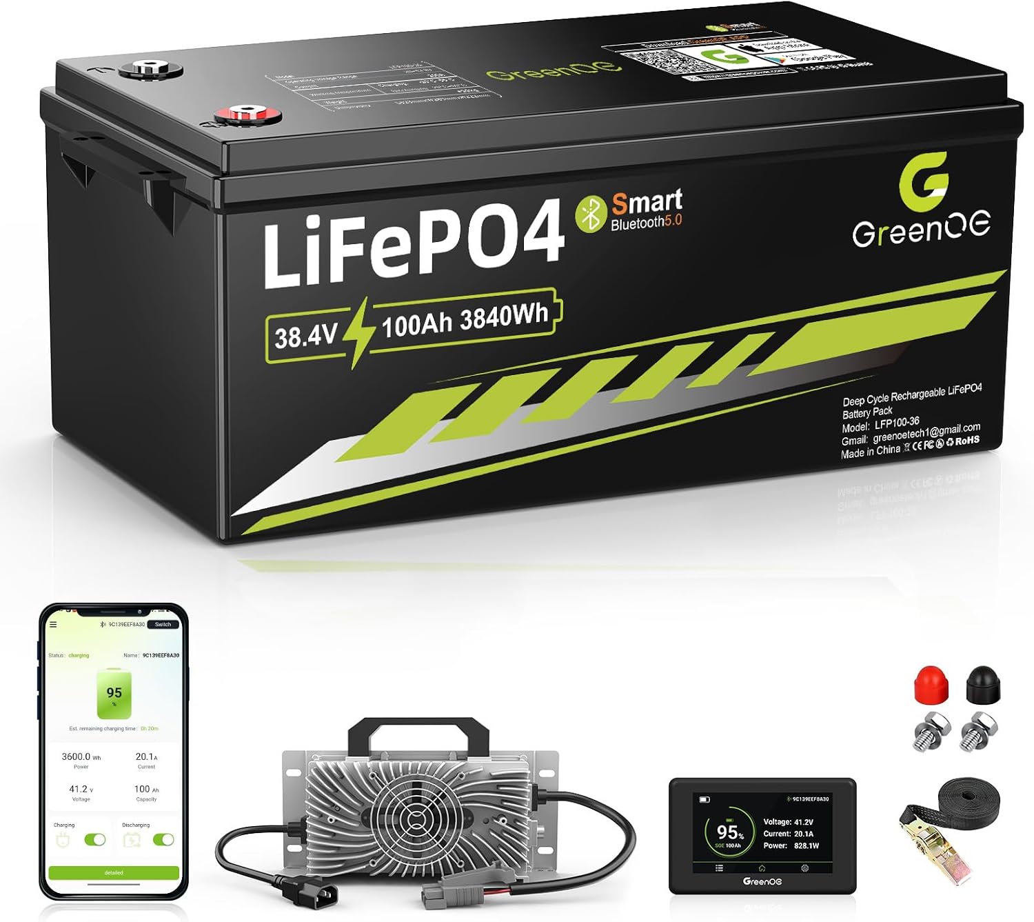 36V (38.4V) 100Ah Lithium Golf Cart Battery, 36V 100Ah LiFePO4 Battery with Charger, LCD Display & App, Built-in 200A BMS, 5000+ Deep Cycles, Perfect for Golf Carts, Off Grid, RV, Trolling Motors