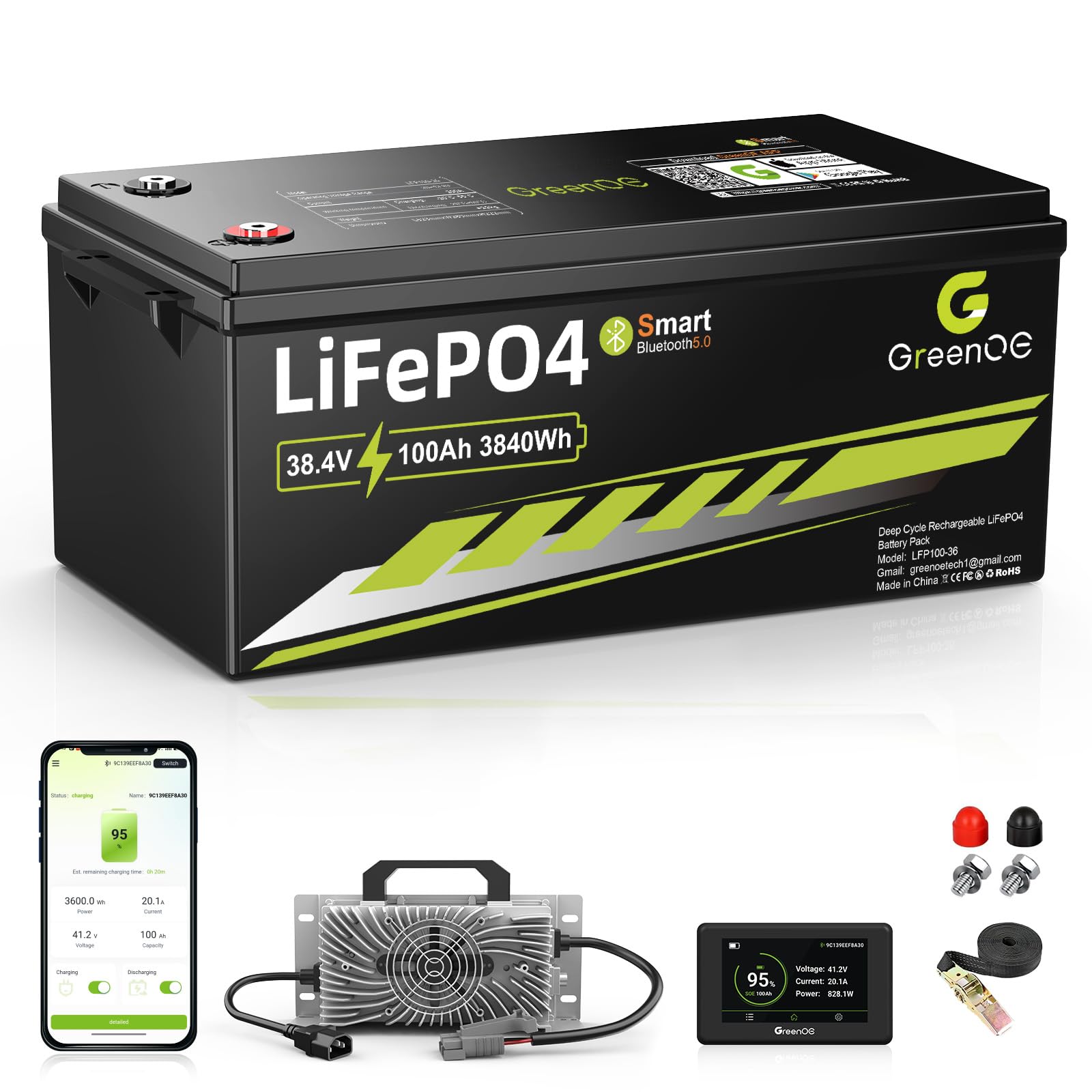 GREENOE 36V 100Ah LiFePO4 battery with Bluetooth 5.0 connectivity and app monitoring
