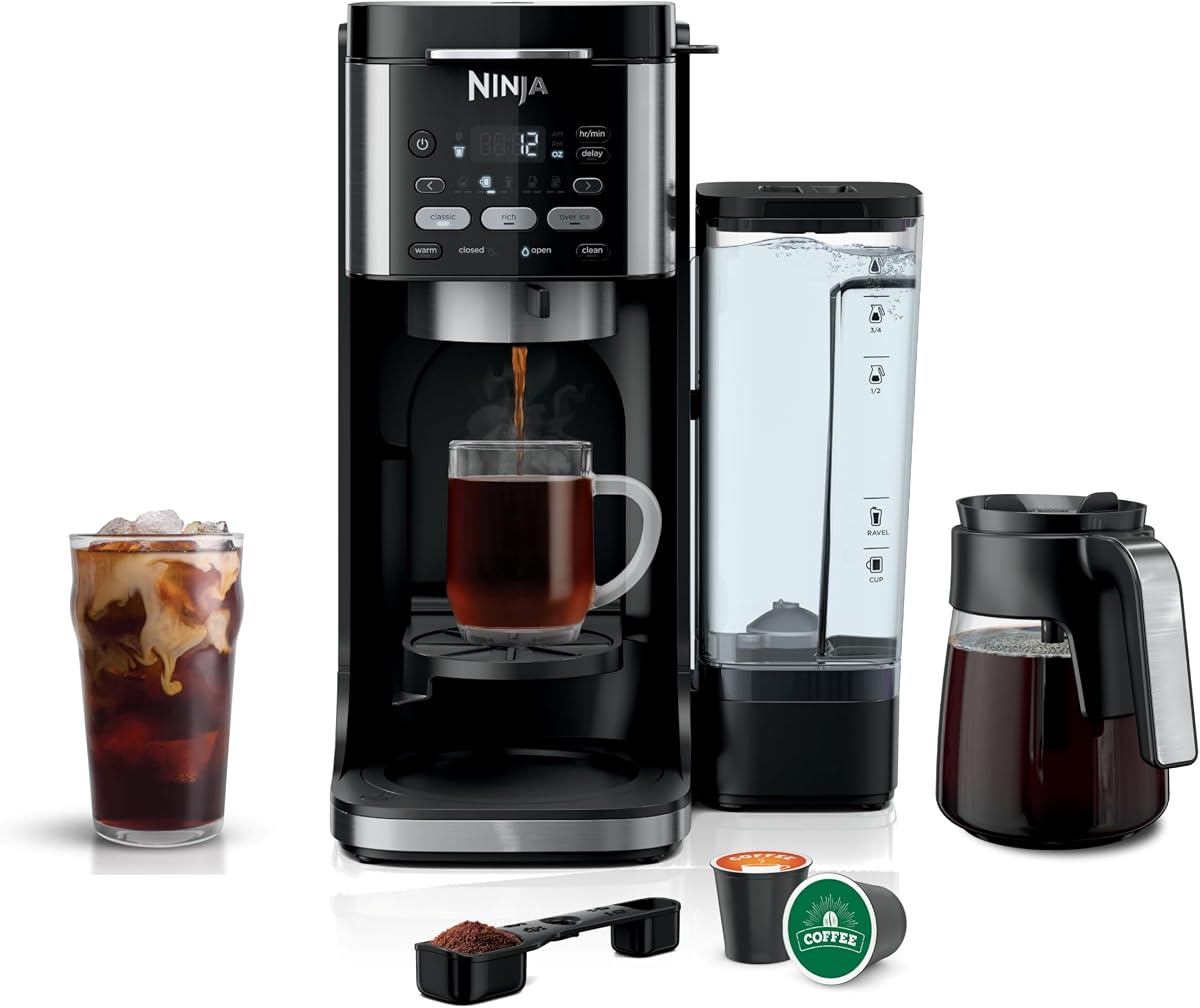 Cafetera de goteo Ninja, DualBrew Pro Hot & Iced, negra, CFP101 | Porción individual para jarra, preparación con cápsulas y molidos, compatible con tazas K, 3 estilos de preparación, depósito extraíble de 60 oz