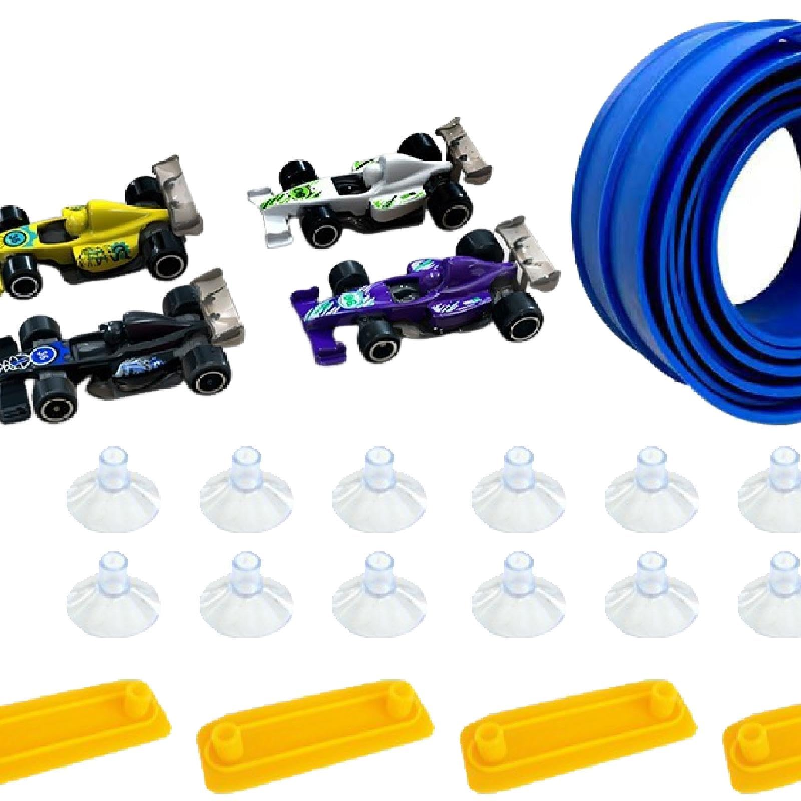 Flexible Circuito Infantil con Ventosas Pista Portátil Enrollable Rampa DIY Mini Autos Juego Interactivo para Niños Niñas Adecuado para Actividades FA, Azul 5m