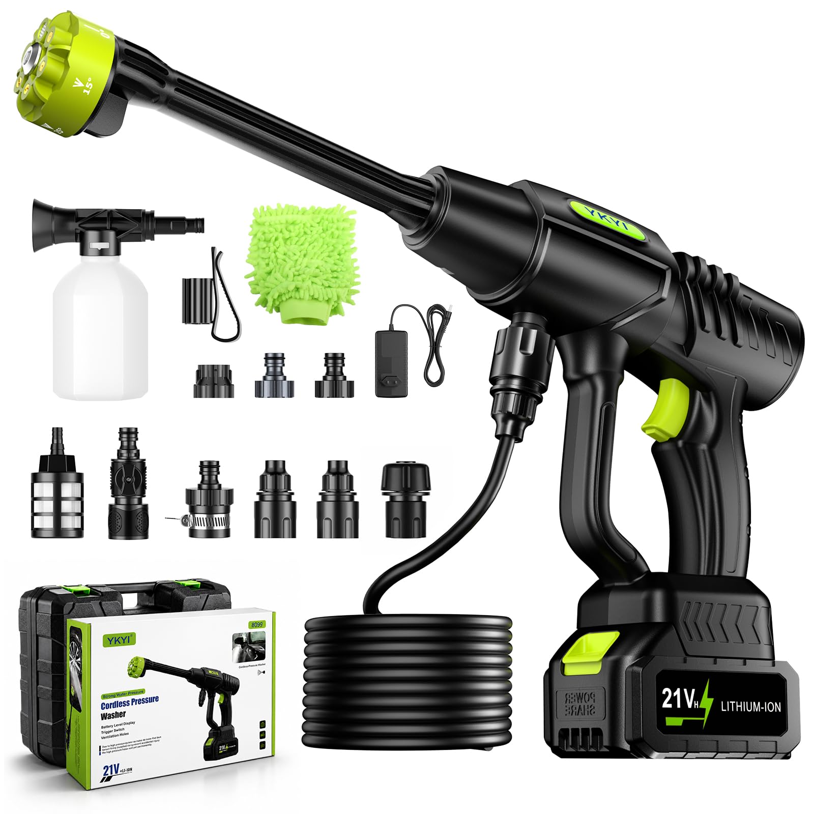 YKYI Akku Hochdruckreiniger - 7m Schlauch, 6-in-1 Düse & 30 Druckstufen, mit 21V Akku, 1200 PSI Portable Pressure Washer für Auto, Garten, Fenster & Camping