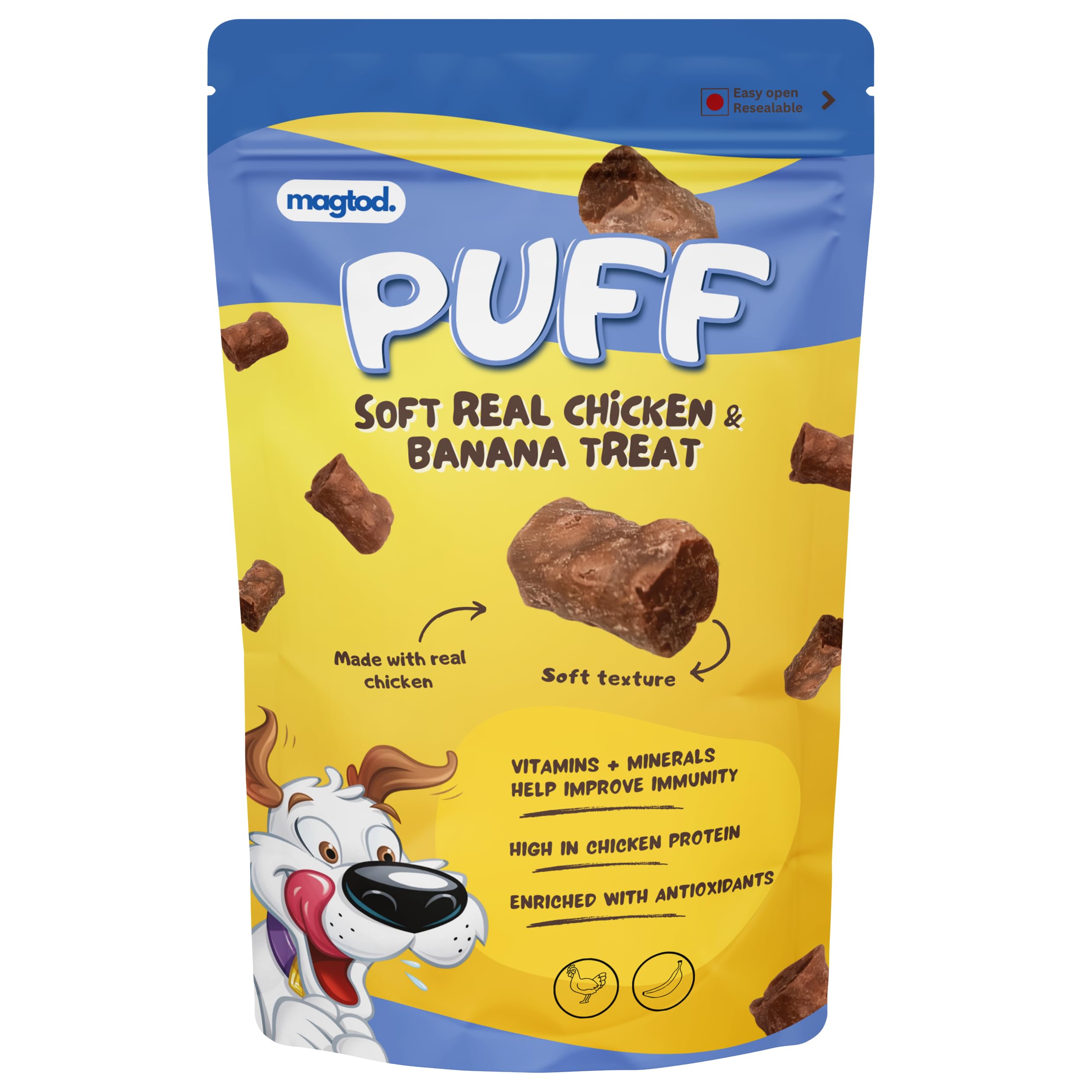 Puff Treat Soft chew Dog Treats for Training Small Puppy, Adult Dog - Real Fresh Chicken & Banana - Immunity Booster Rich in Antioxidant, Vitamin, Protein, Calcium - from Magtod - 80g