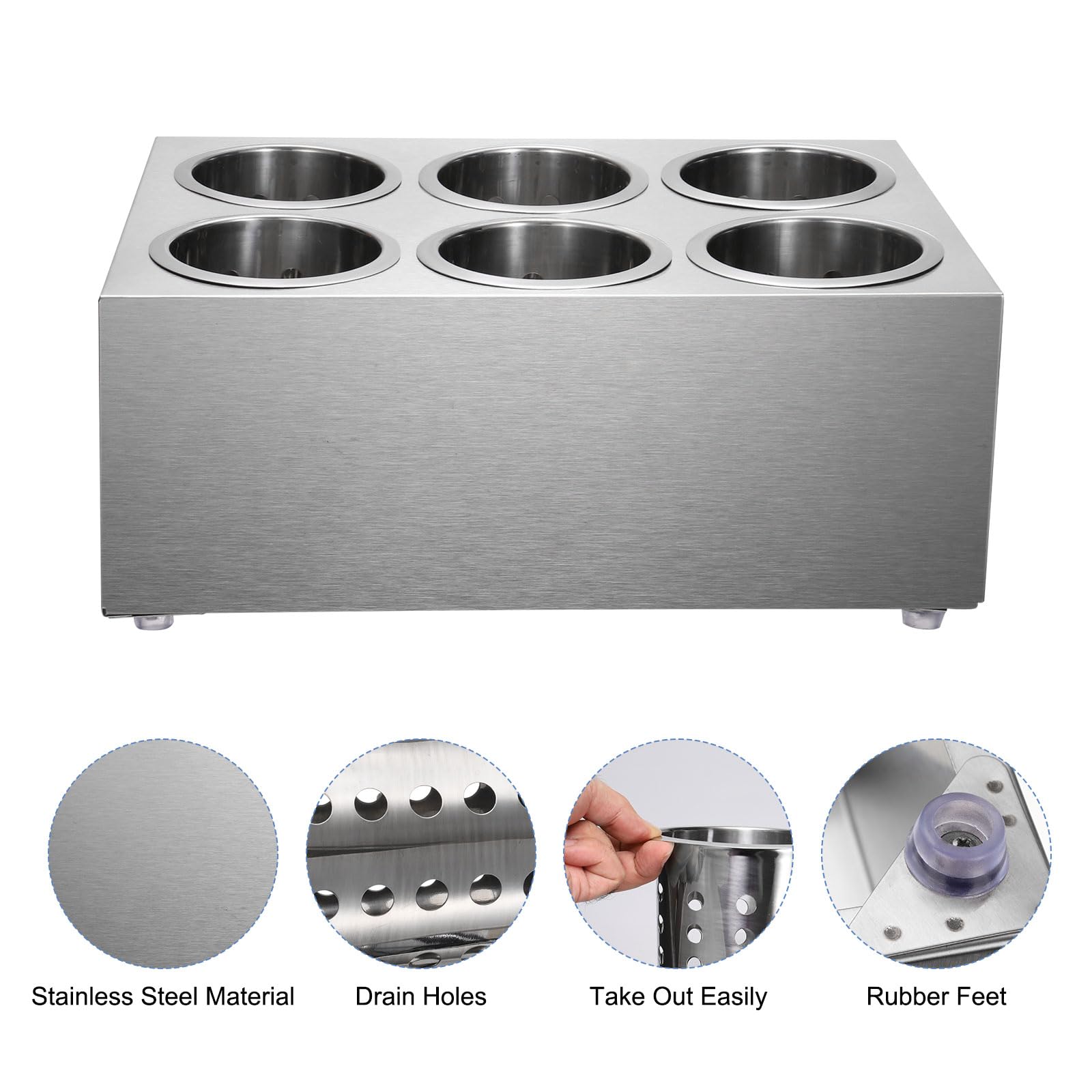 QUARKZMAN Soporte de Utensilios Comercial, Soporte de Utensilios de Cocina de Acero Inoxidable Cilindro Caddy de Cubiertos Estante de Secado Organizador de Cubiertos (Doble Hila 6 Agujeros)