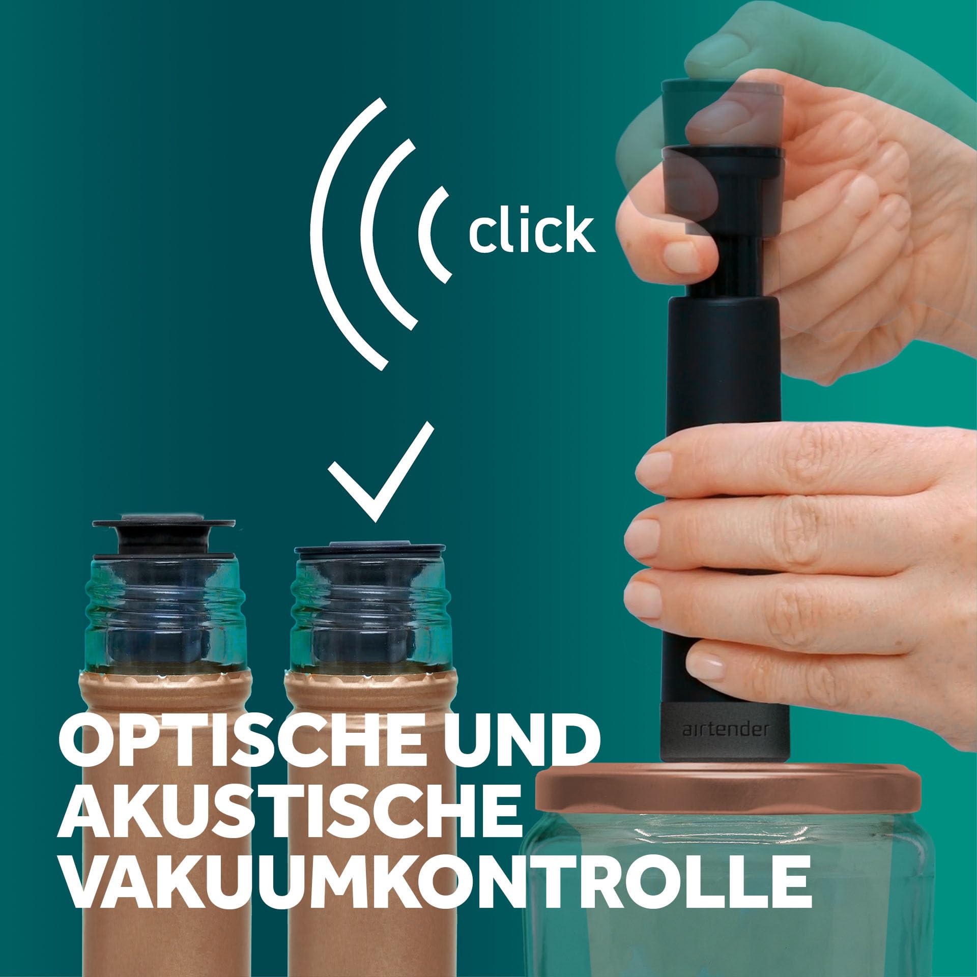Airtender Vakuum-Pumpe Set für Flaschen & Einmachgläser – Inklusive 6 Vakuum Stopfen, Deckelstanze & Aufbewahrungsclip – Ideal für Wein & Lebensmittel, 5x längere Frische