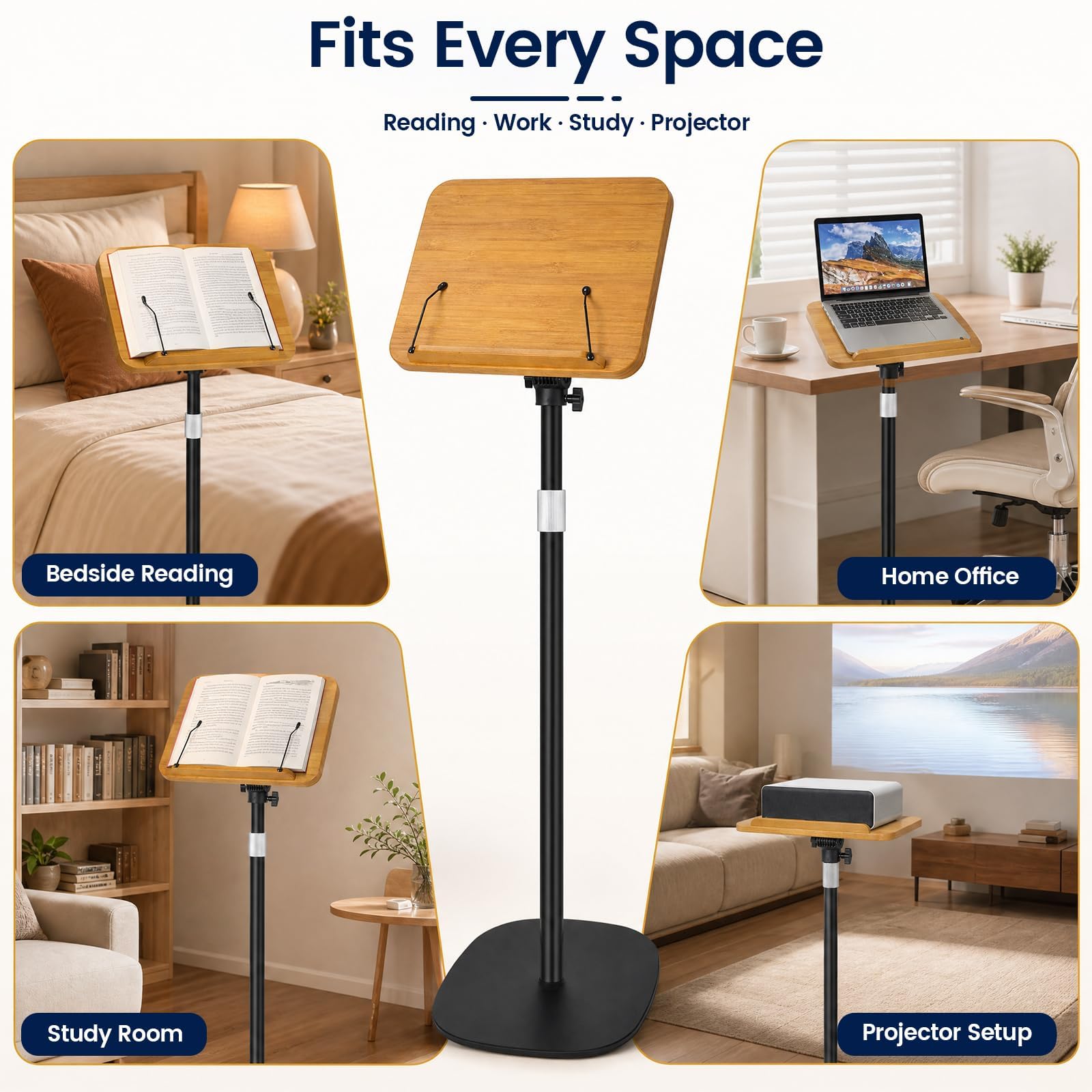 Supporto per libri da pavimento con graffette per pagina, altezza regolabile da 50 a 165 cm, supporto per ricette in legno, supporto per lettura a mani libere, per podio, laptop e proiettori