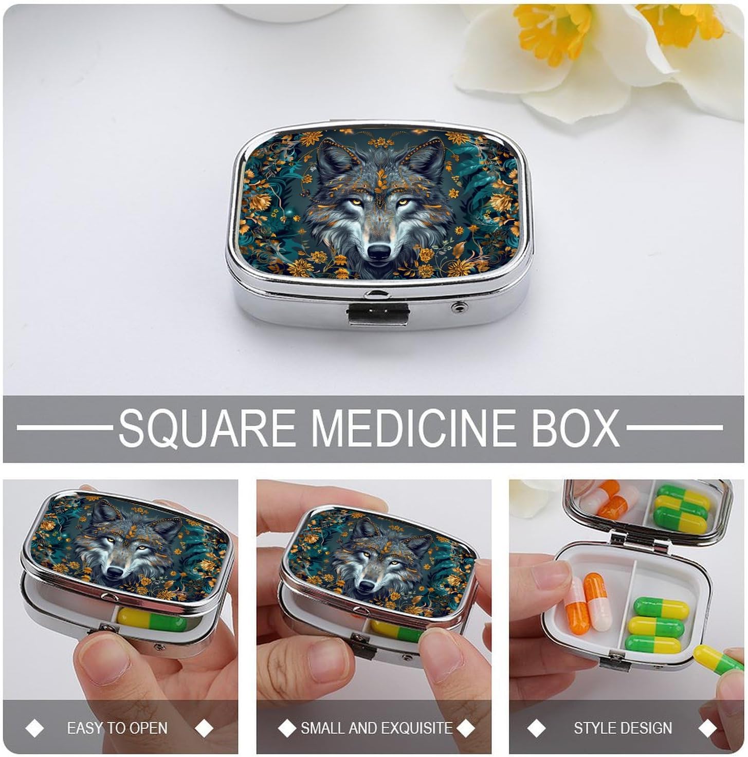 Metal 2 Compartment Pill Organizer Travel Friendly Portable Compact Pill Box,Cute Pill Case to Hold Vitamins,Fish Oil,Supplements,Meds,Tablet for Purse,Pocket (Wolf) image 4