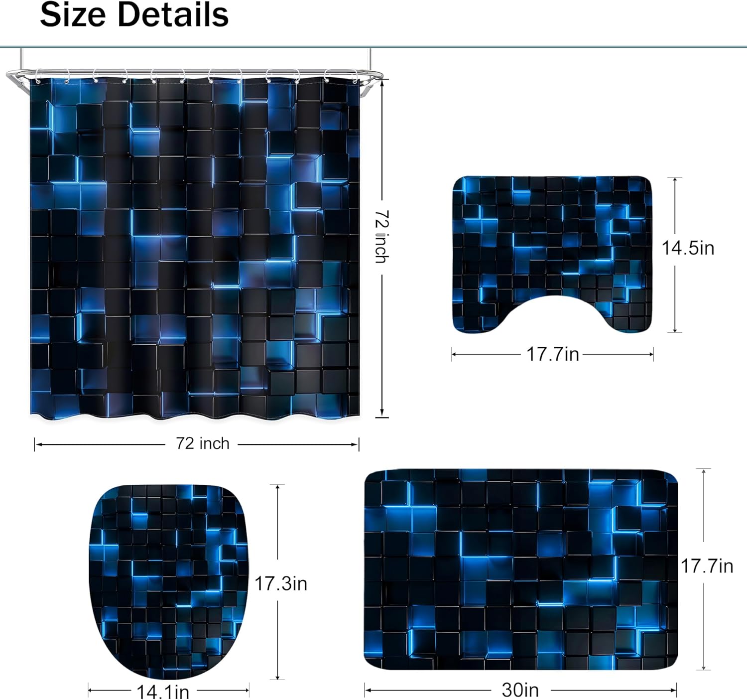 4 PCS Black and Blue Bathroom Set with Shower Curtain and Rugs 72Wx72H Inch Modern 3D Cube Kids Cool for Boy Men Non-Slip Bath Rug Toilet Lid Cover U Shape Mat Accessories 12 Hooks Bathoom Deco