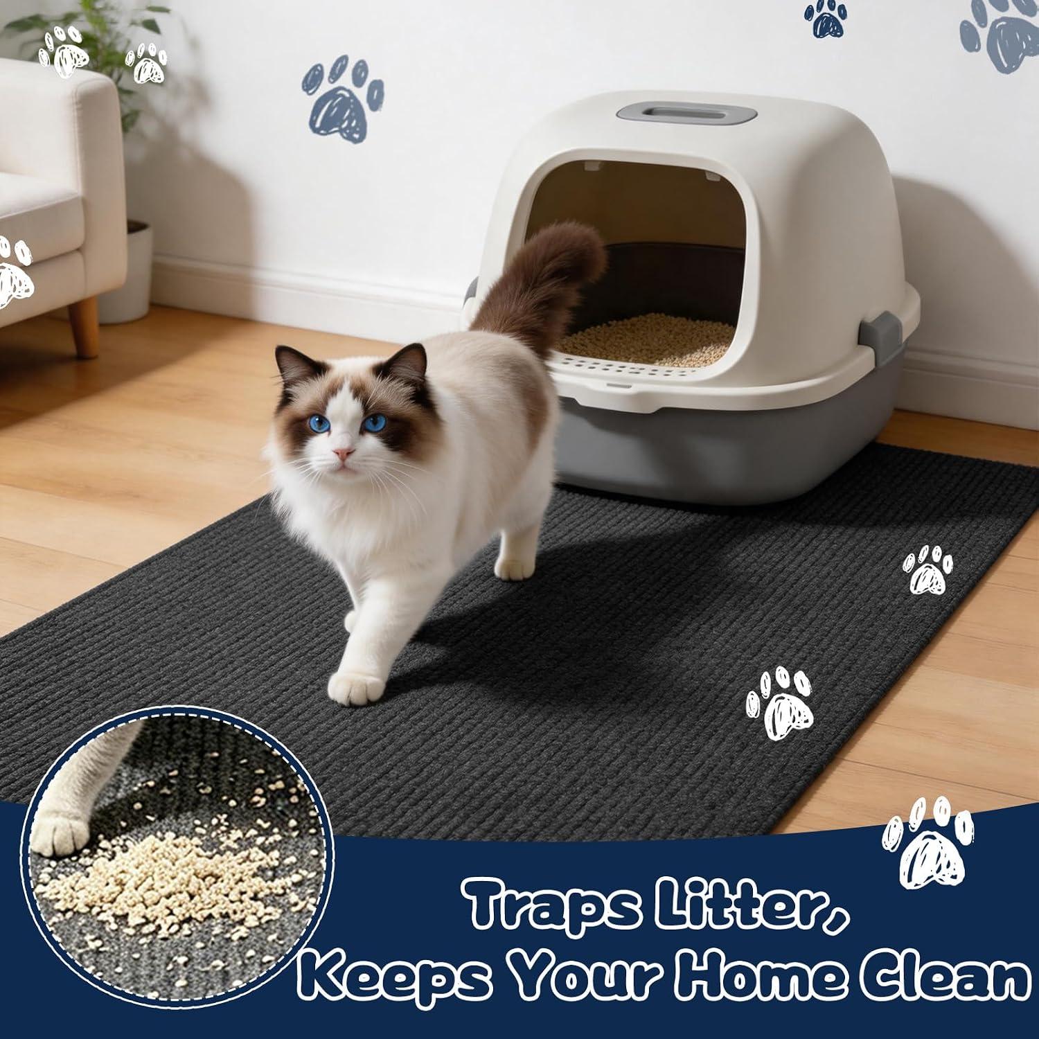 Wibeelee Large Cat Litter Box Mat Waterproof Non-Slip Litters Trapping Mat 30" X 45" Durable Cat Rug for Floor Protection, Soft on Kitty Paws and Easy to Clean