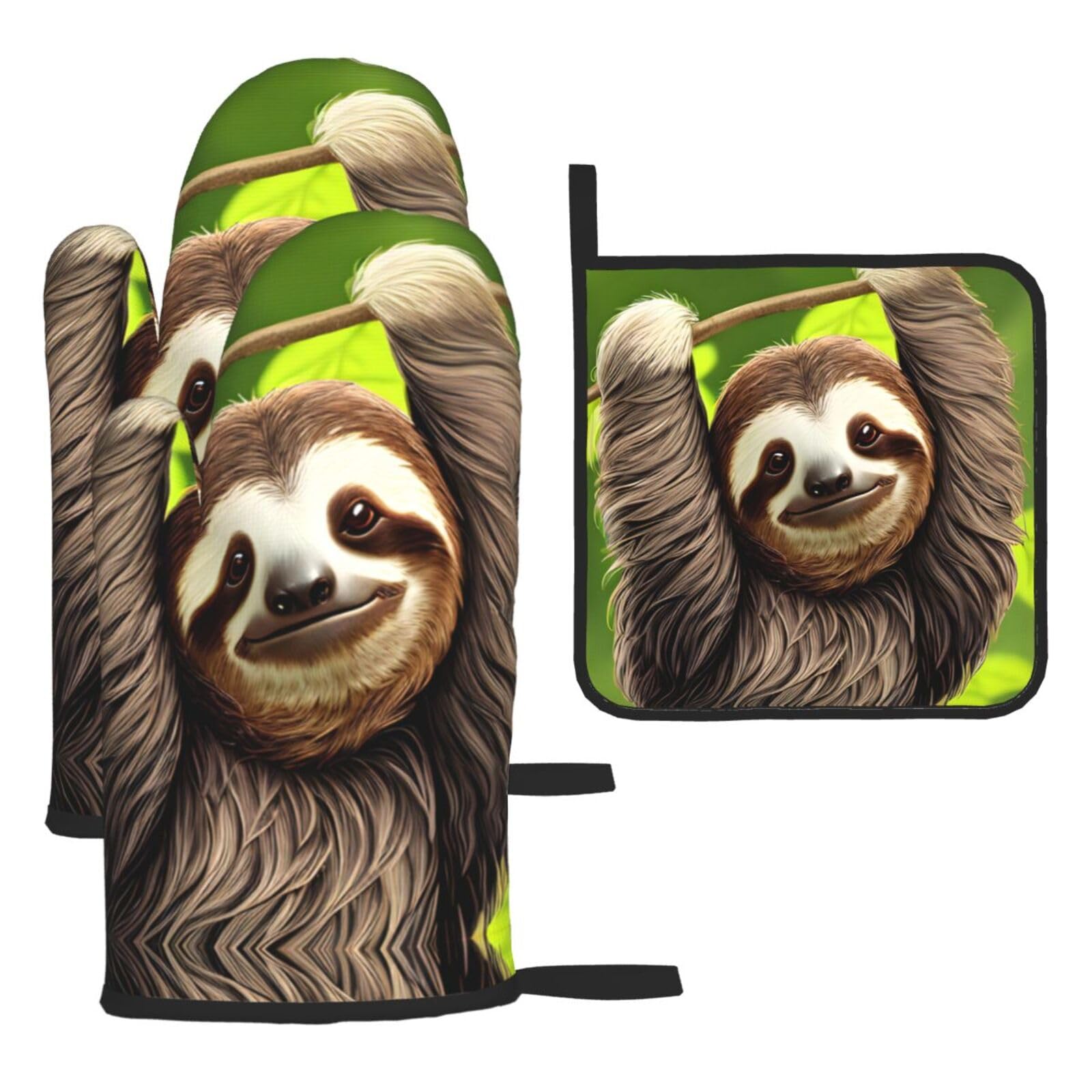 Chrysm Cute Sloth Oven Gloves-2 Gloves and 1 Pot Holders Sets,Kitchen Oven Mitts Microwave,BBQ-Heat Resistance