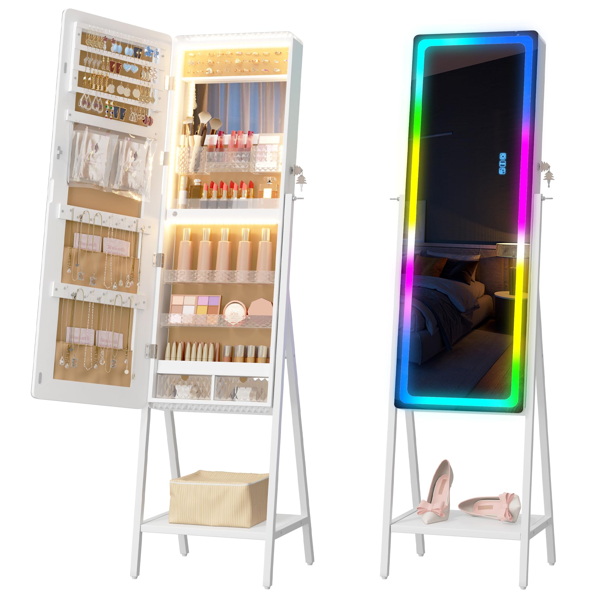 LVSOMT RGB LED Jewelry Mirror Cabinet, Standing Jewelry Armoire Organizer, Stand Up Full-Length Mirror with Jewelry Storage, LED Lighted Floor Mirror, 14 Lights + Dimmable + Adjustable Speed, White