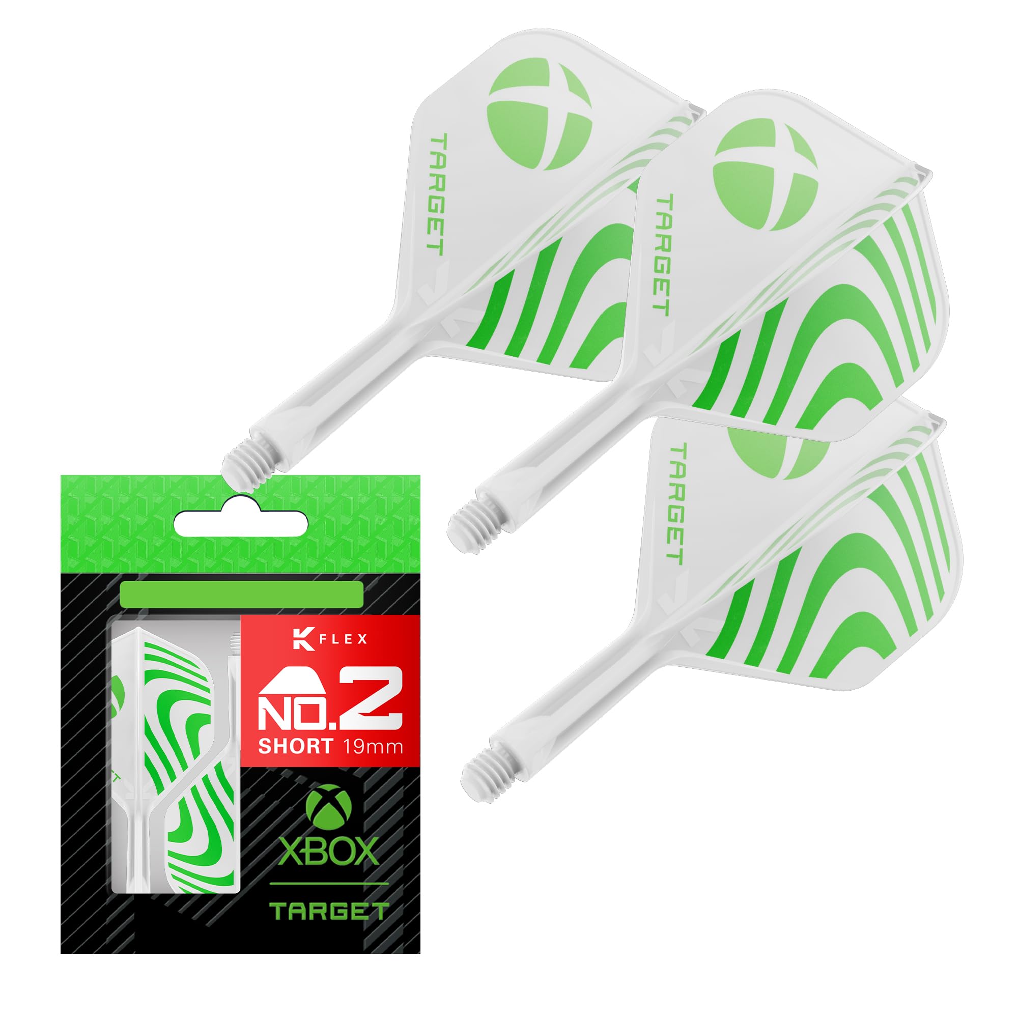 Target Darts Xbox K-Flex Flight & Shaft System, Green & White | No.2 Kflex – Short (19mm) All-In-One K Flex Flights and Shafts, Professional Dart Accessories